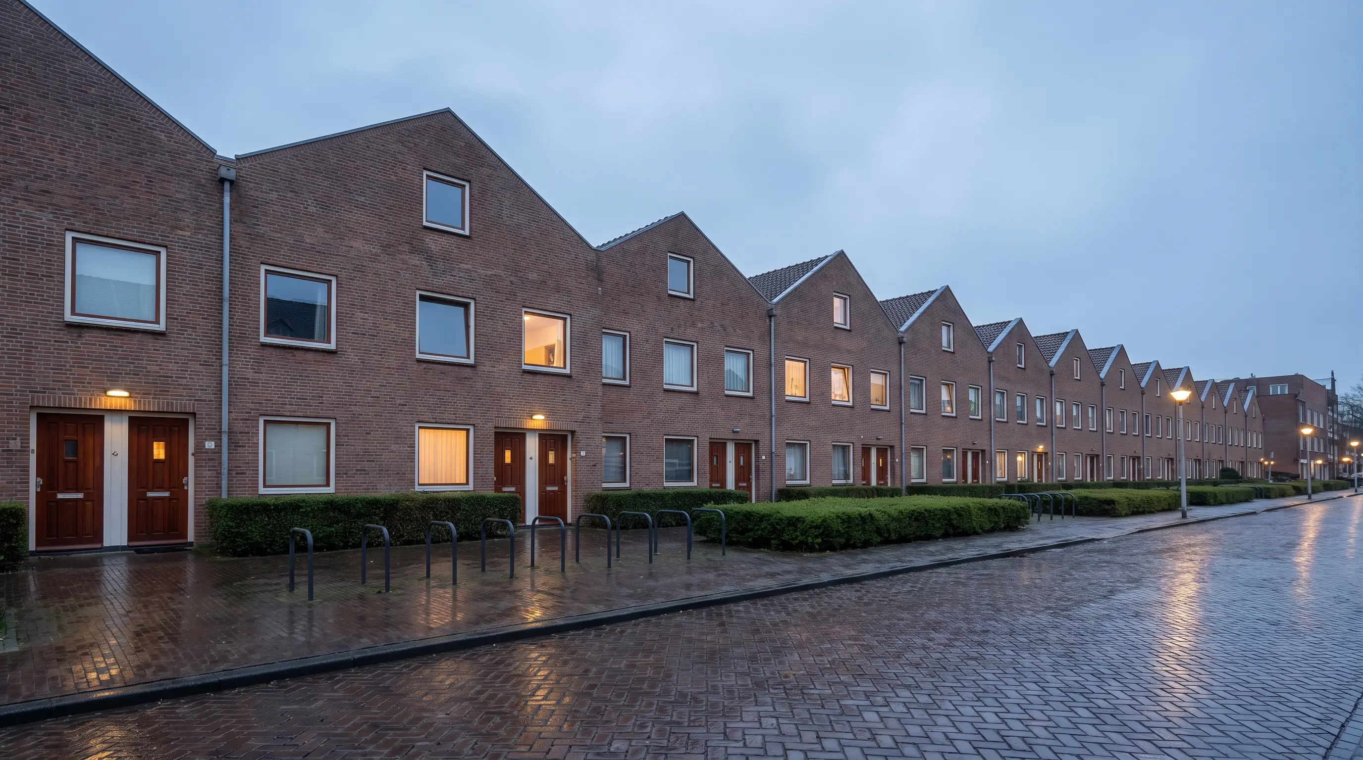 Rij identieke Nederlandse huurappartementen met verlichte ramen in de avondschemering