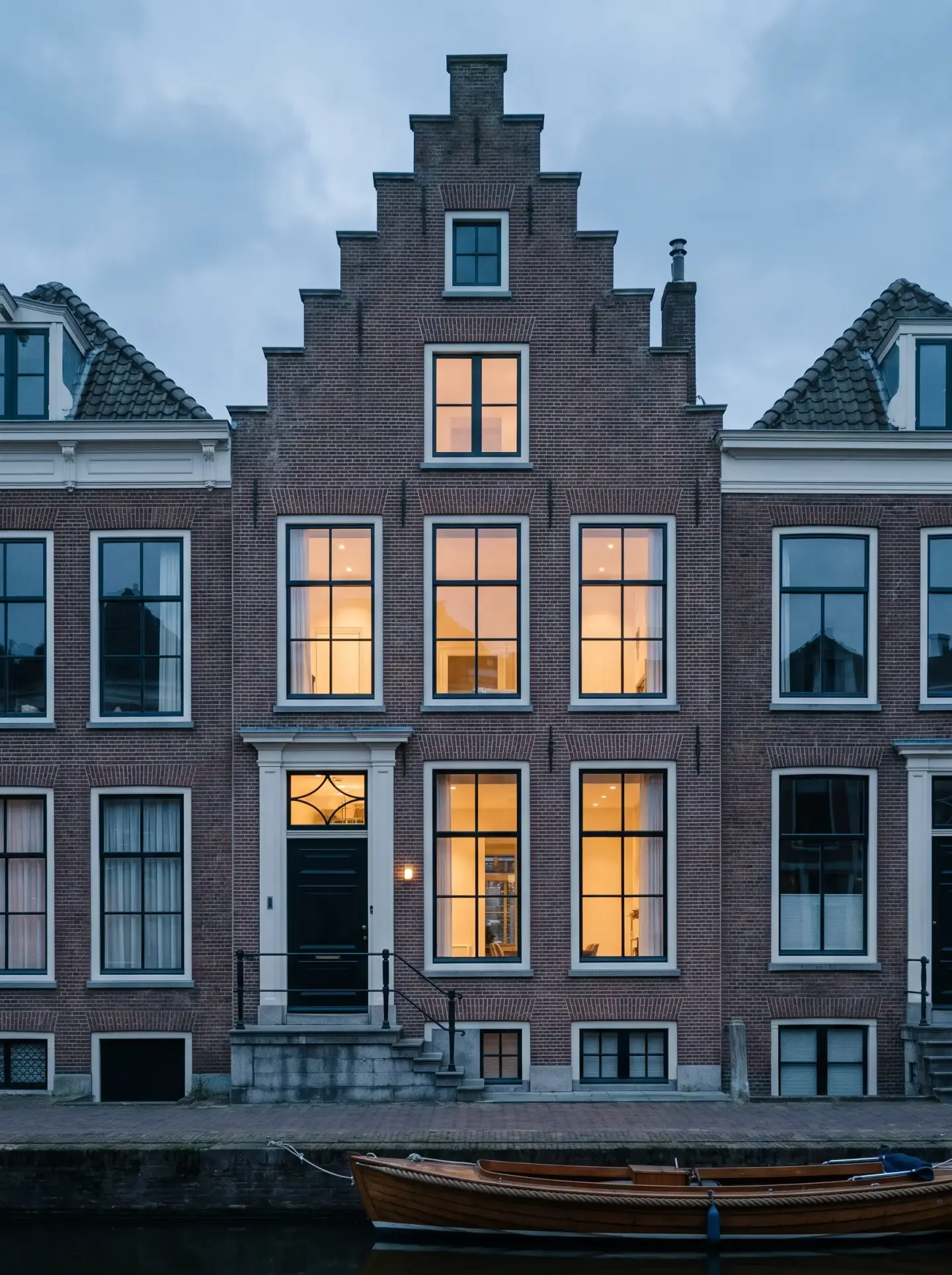 Nederlands grachtenpand met bakstenen gevel en verlichte ramen