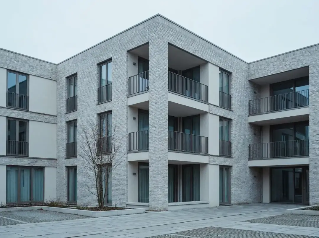 Modern Nederlands appartementencomplex met balkons en een binnenhof