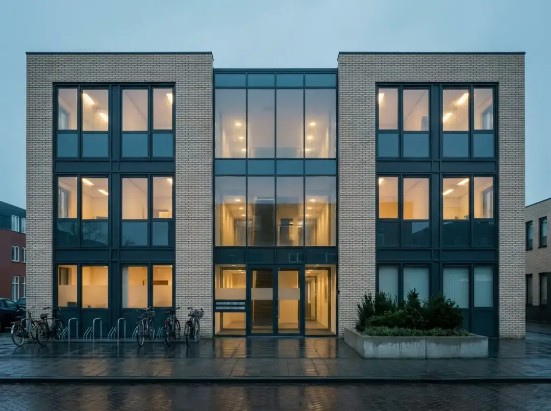 Klein modern Nederlands kantoorpand van drie verdiepingen aan een stadsstraat