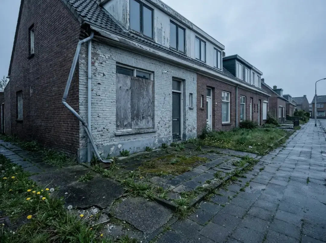 Verwaarloosde Nederlandse tussenwoning met dichtgetimmerd raam en overwoekerde voortuin