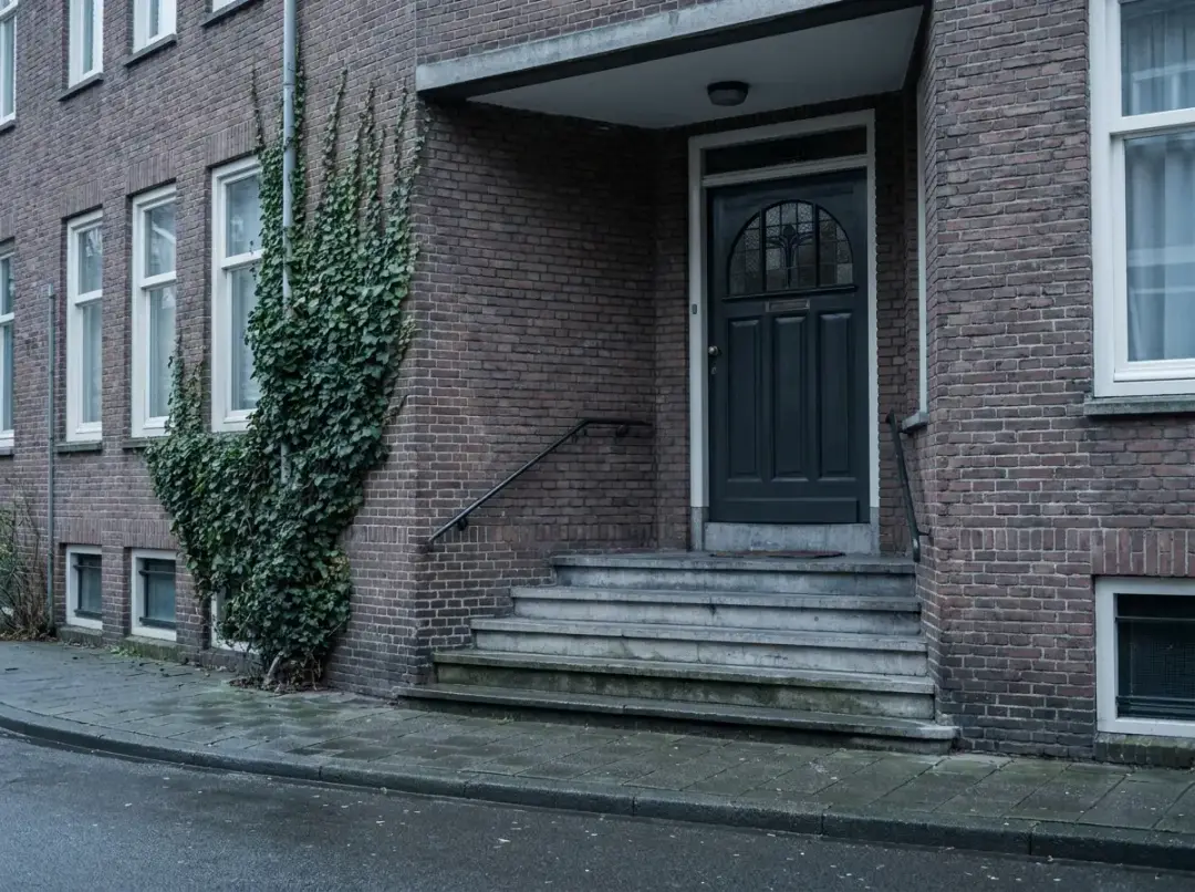 Entree van een Nederlands jaren dertig portiekpand met stenen stoep en donkere voordeur