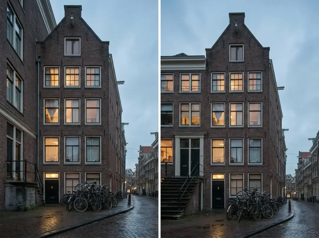 Nederlands studentenpand met veel kleine ramen en fietsen bij de voordeur