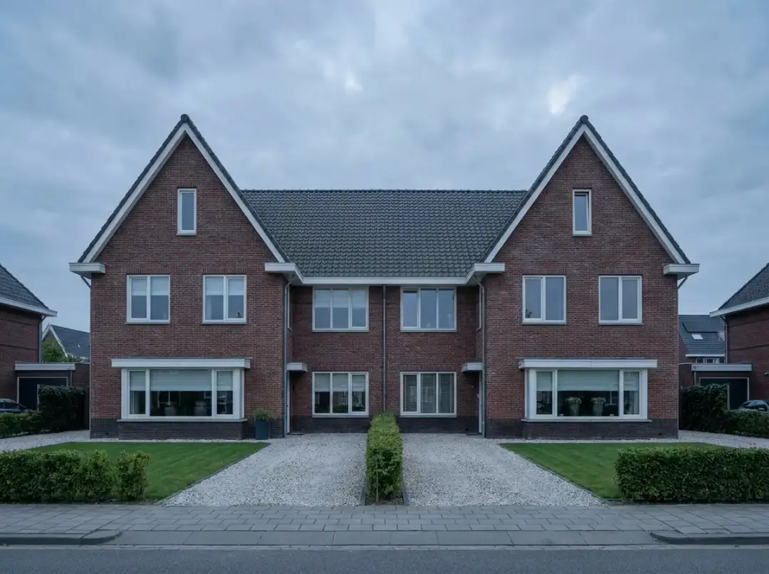 Nederlandse twee-onder-een-kapwoning met dubbele oprit en voortuinen