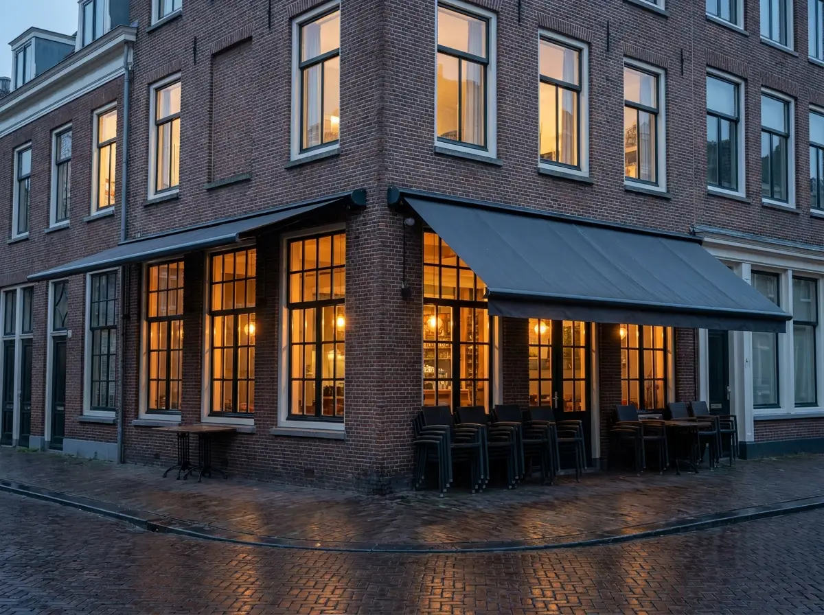 Nederlands hoekpand met horecagelegenheid en woningen erboven in de avondschemering