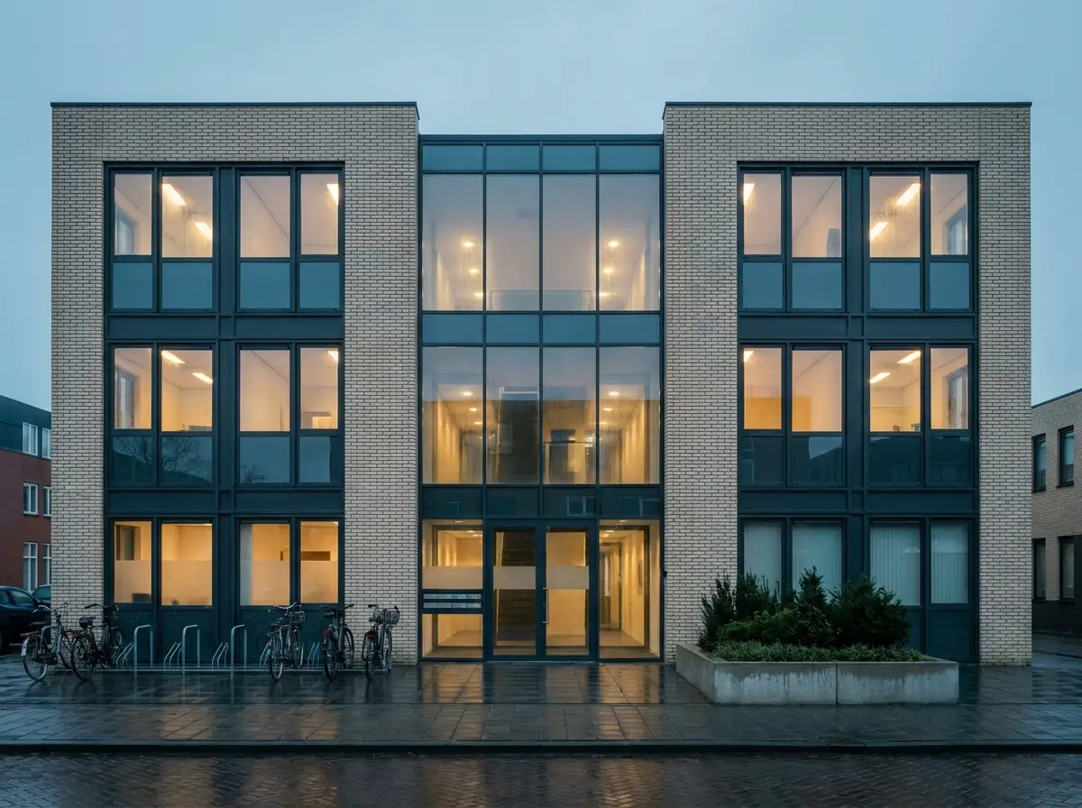 Klein modern Nederlands kantoorpand van drie verdiepingen aan een stadsstraat