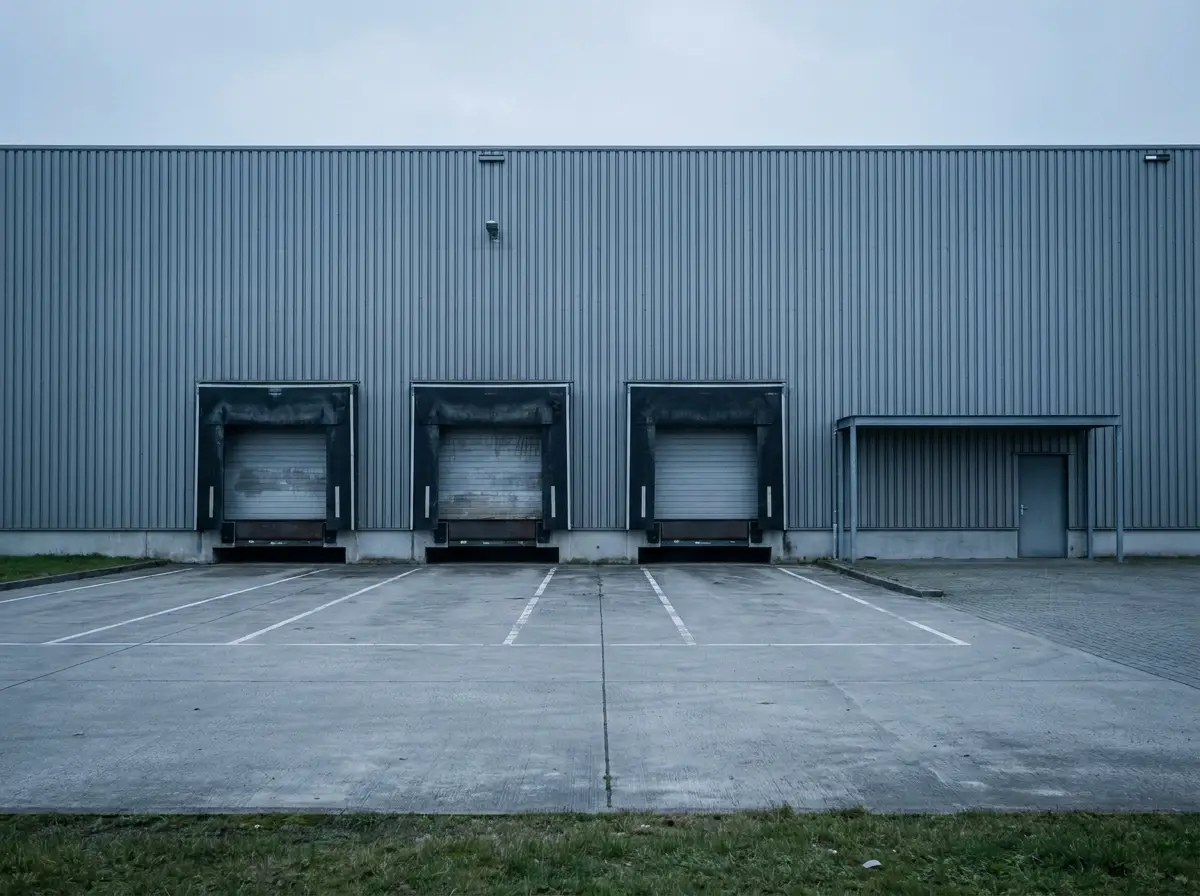 Nederlandse bedrijfsloods met drie gesloten laaddeuren en een leeg buitenterrein