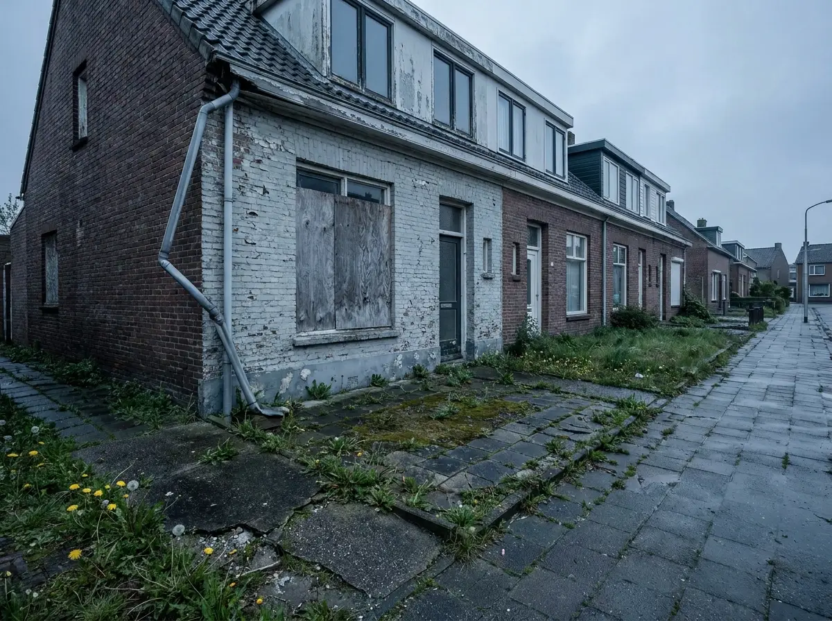 Verwaarloosde Nederlandse tussenwoning met dichtgetimmerd raam en overwoekerde voortuin