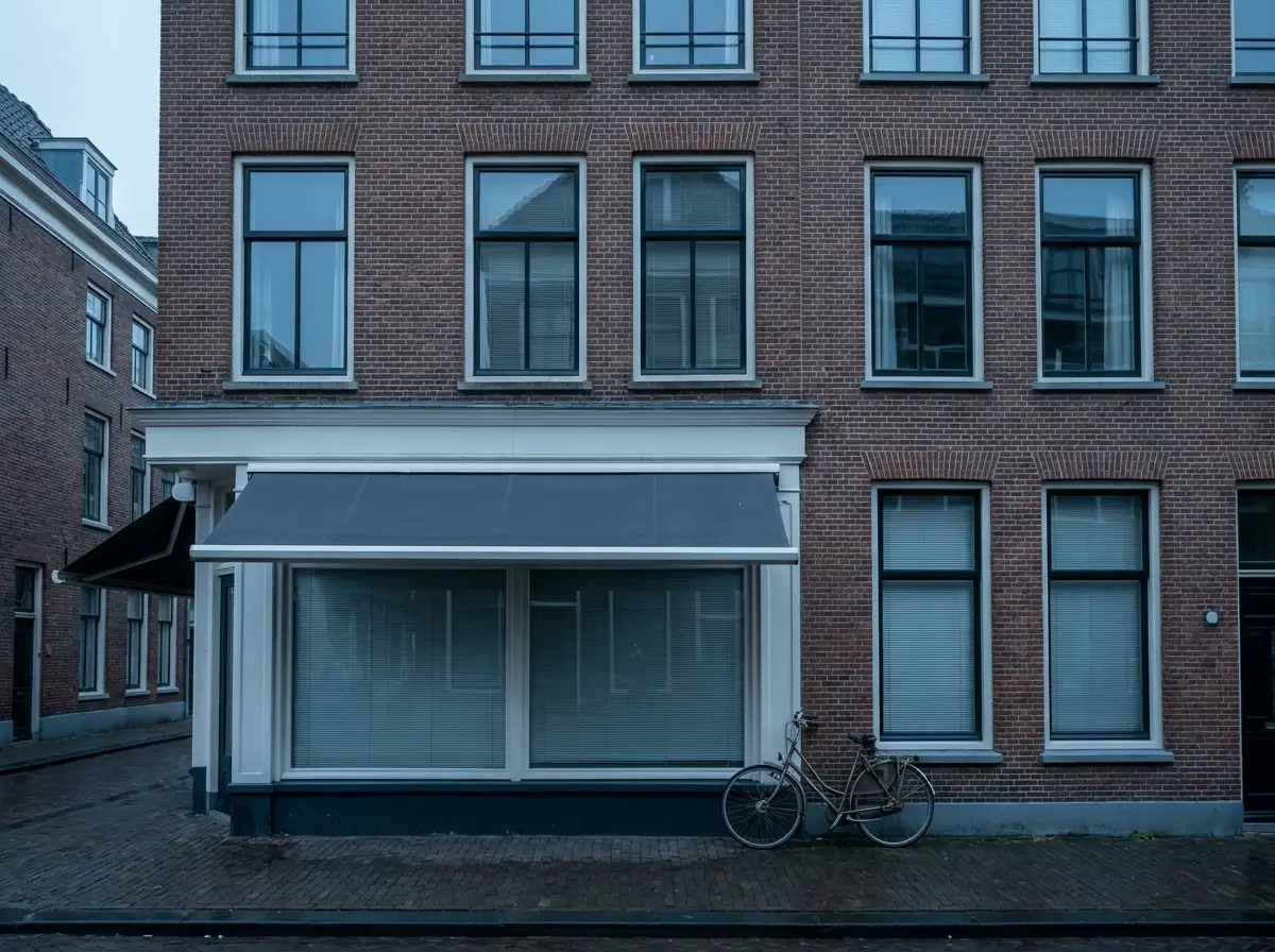 Nederlands winkelpand met grote etalageramen en woningen erboven